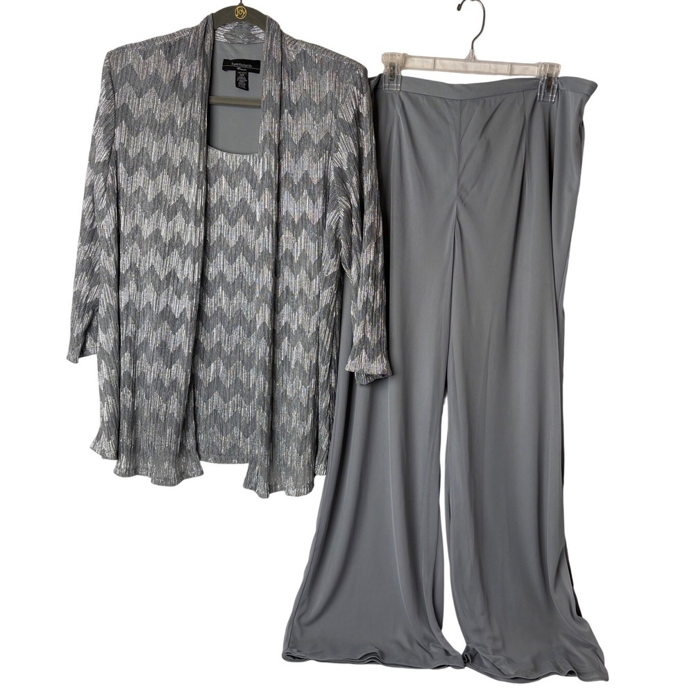 R&M Richards 2 Pc Metallic Pantsuit Set Silver Gray Plus 14W Formal Evening‎ MOB - Picture 2 of 16
